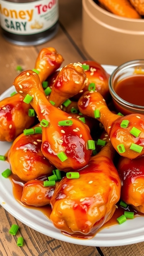 Juicy chicken drumsticks glazed with honey garlic sauce, garnished with green onions, on a rustic table.